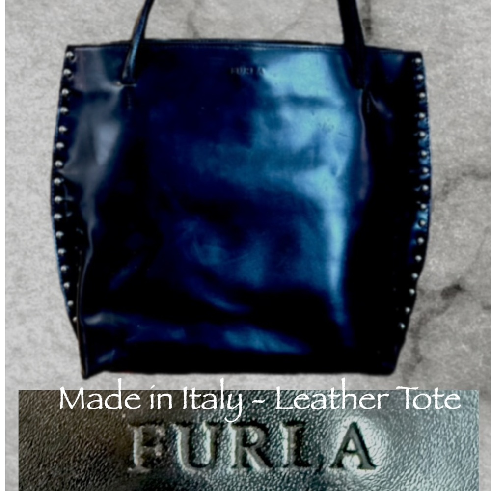 FURLA High-End Made in Italy Black Leather Tote Bag with Silver Studded Trim